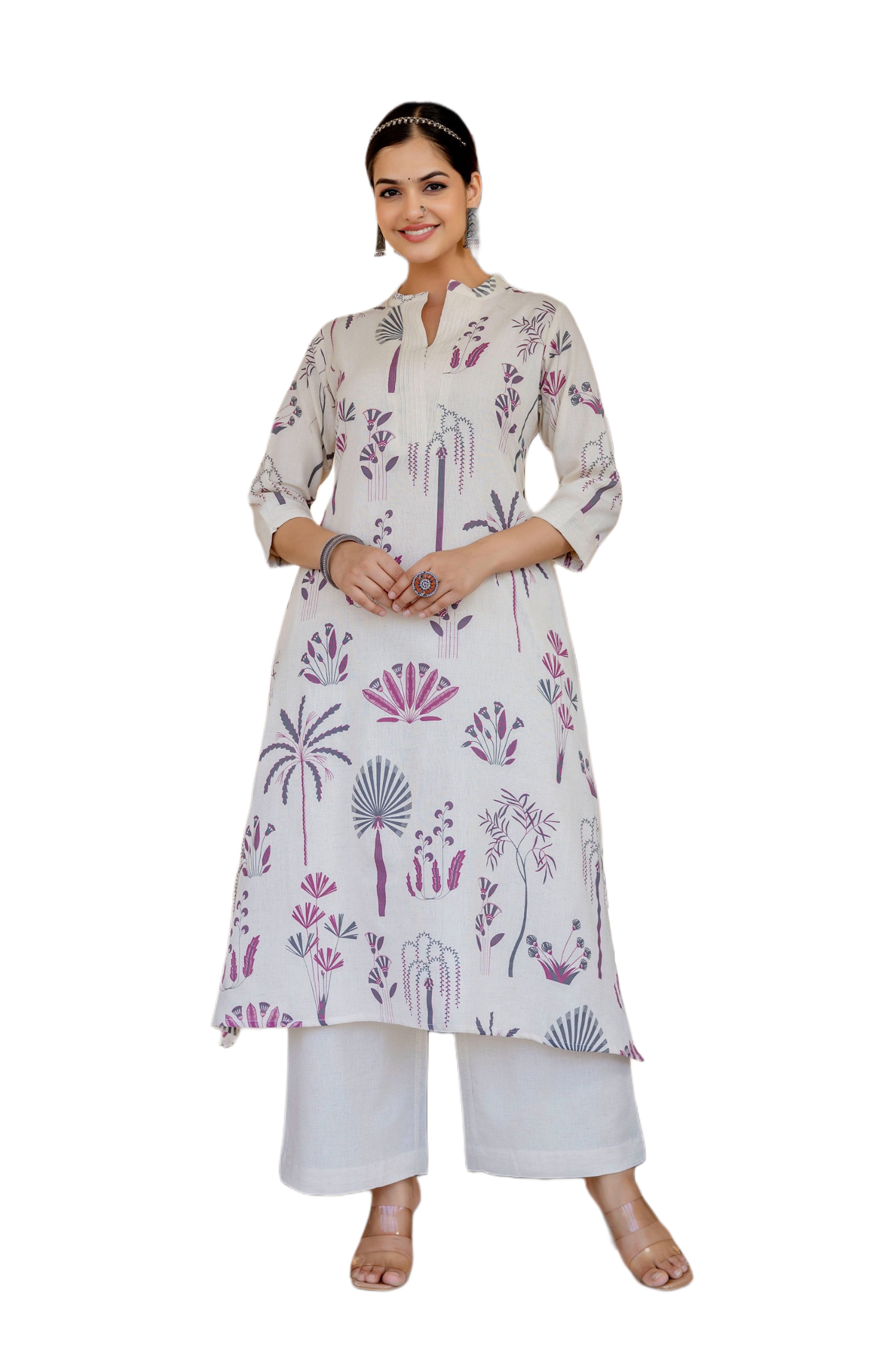 ZVUN OFFWHITE WITH LAVENDER PRINT MANDERIN WITH PLEATED V-NECK A-LINE  CO-0RD SET