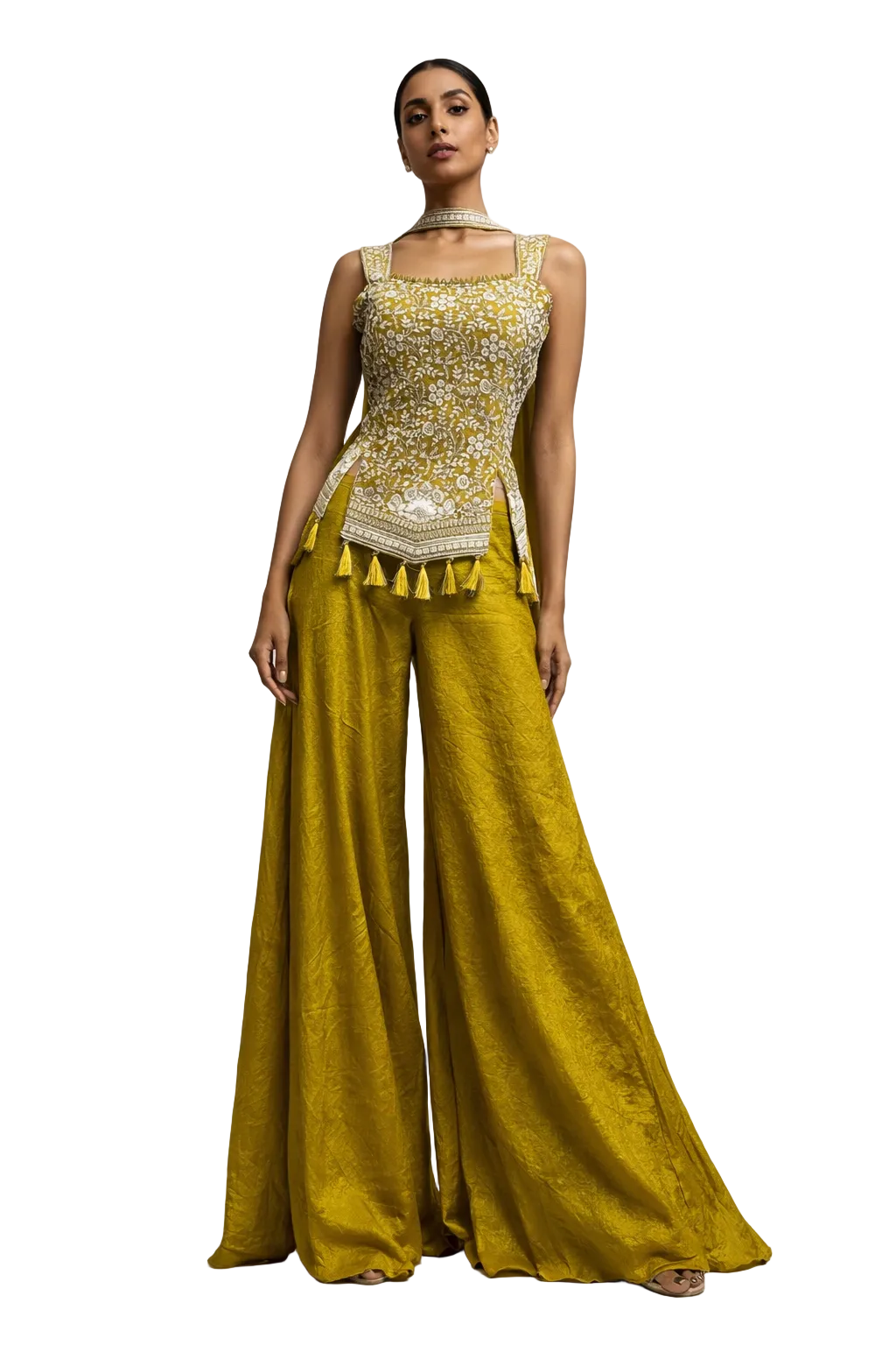 ZVUN Mustard Embroidered Kurta Palazzo Set with Dupatta – Designer Indian Festive & Wedding Ethnic Wear for Women