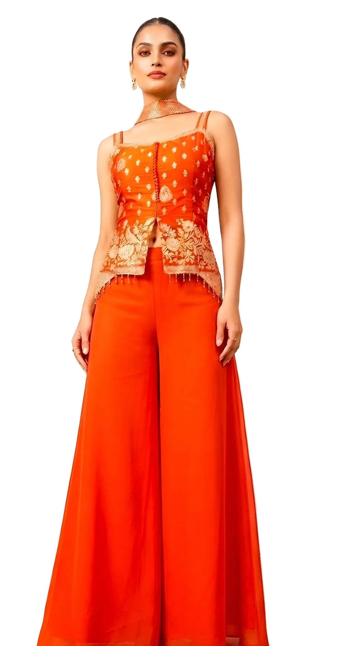 ZVUN Orange Embroidered Indo-Western Palazzo Co-Ord Set for Women – Festive & Wedding Wear